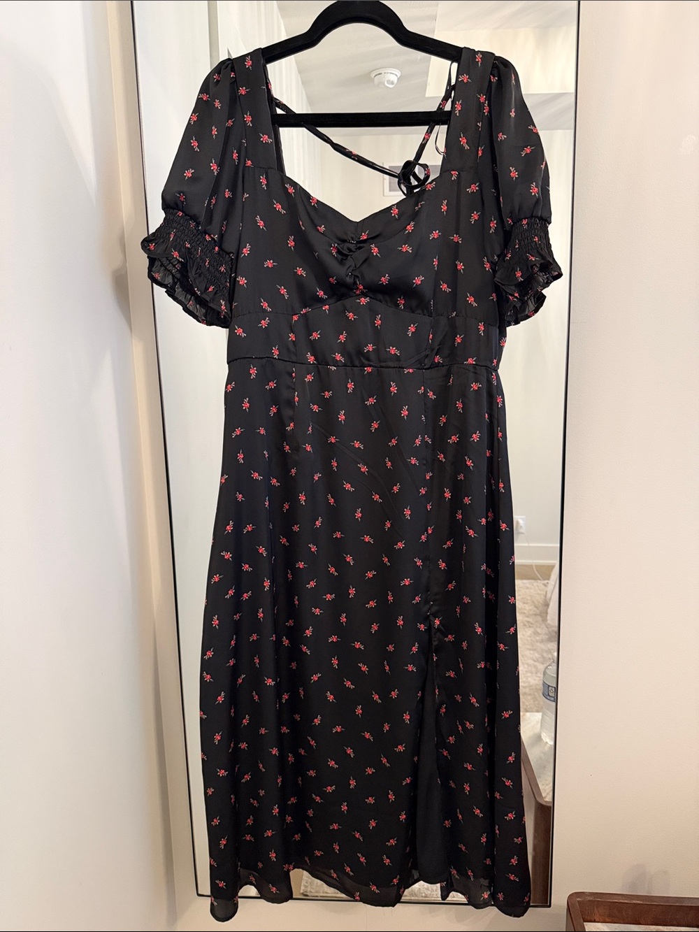 Francesca's Collections Black Midi Dress with Pink Floral Print